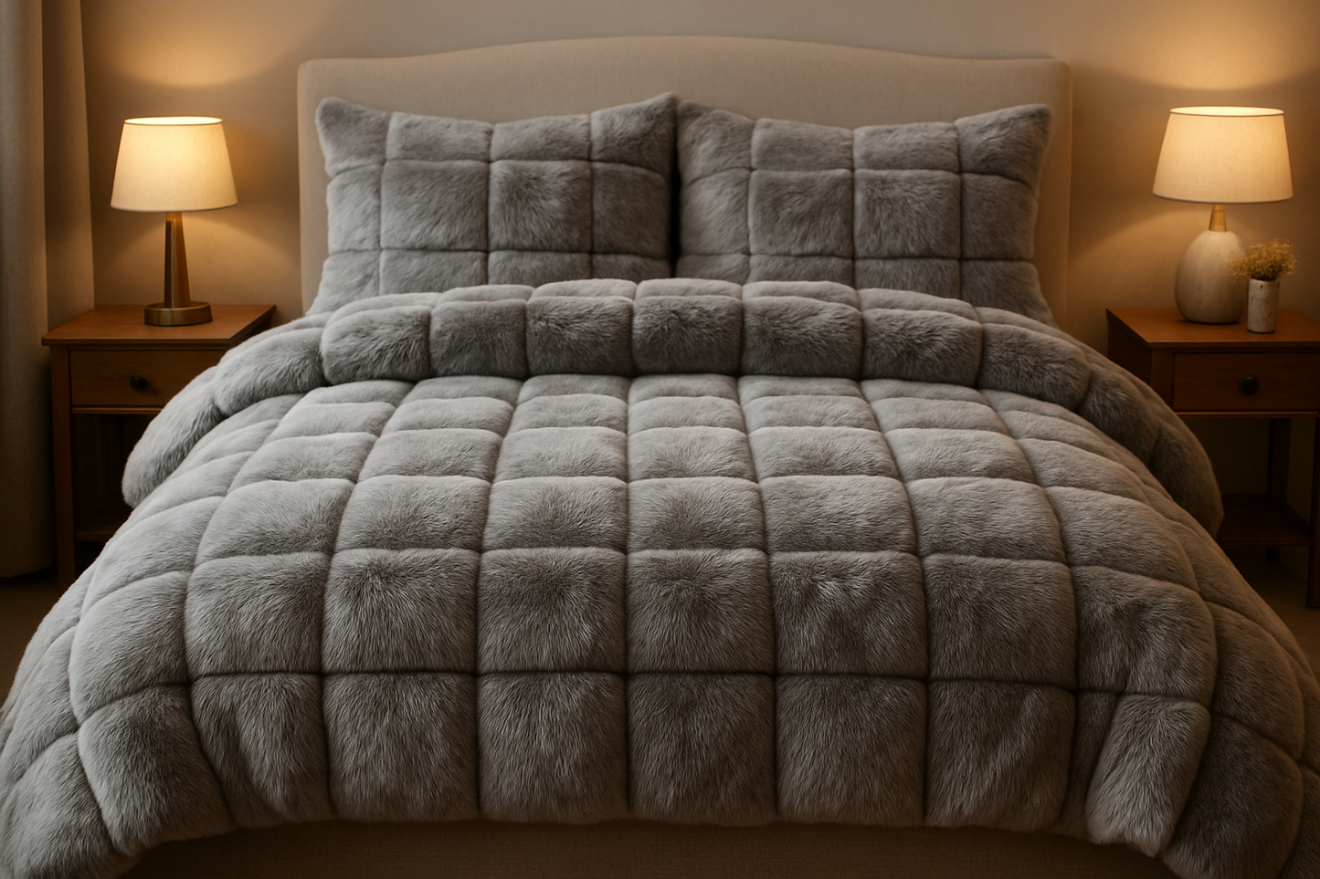 gray Rabbit Plush Bread Grid Faux Fur Duvet Cover Set 🩶✨