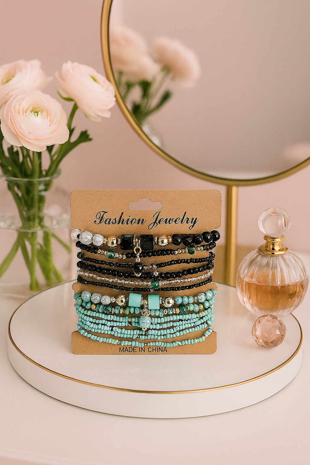 8pcs Boho Beaded Bracelet Set – Black Stack ✨