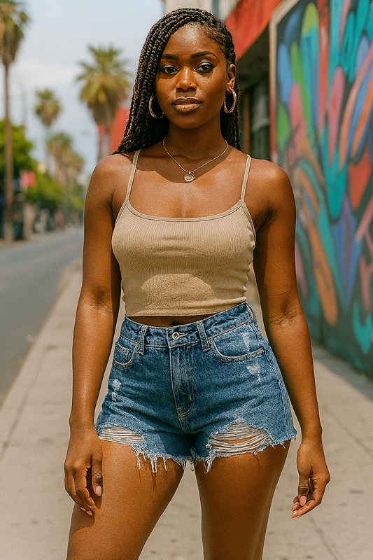 Women’s Denim Shorts – Mid Rise Stretch with Raw Hem