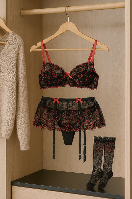 Floral Lace Garter Lingerie Set – Underwire Bra, Thong & 1 Pair Stockings (Size: Large)
