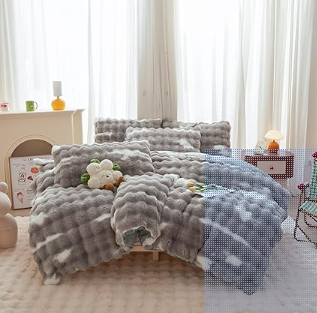 Rabbit Plush Bread Grid Faux Fur Duvet Cover Set 🩶✨
