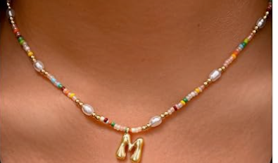 Ritach Beaded Initial Necklace – Gold-Plated Bubble Letter with Pearls🧸✨